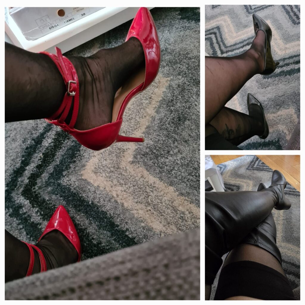 Ich bin Herrin LaNisha- rote High Heels, schwarze Nylons, und ein Fussfetisch-Spiel, bei dem du meine Lust mit deinem ganzen Körper spürst.